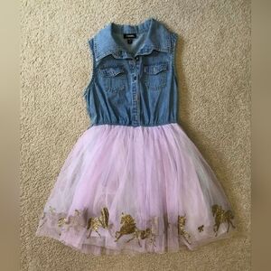 Zunie Denim and Pink Tulle Dress with Gold Accents